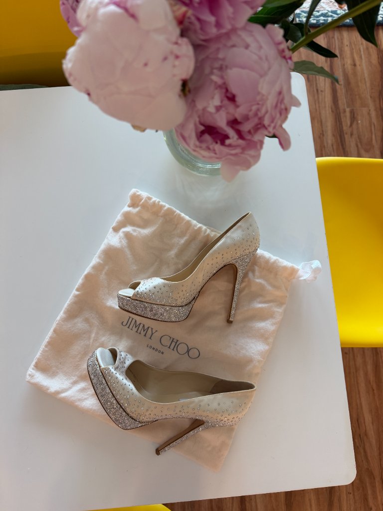 Jimmy Choo Salt Swarovski Crystal Satin Wedding Pump Shoes $1650 Eu 38.5